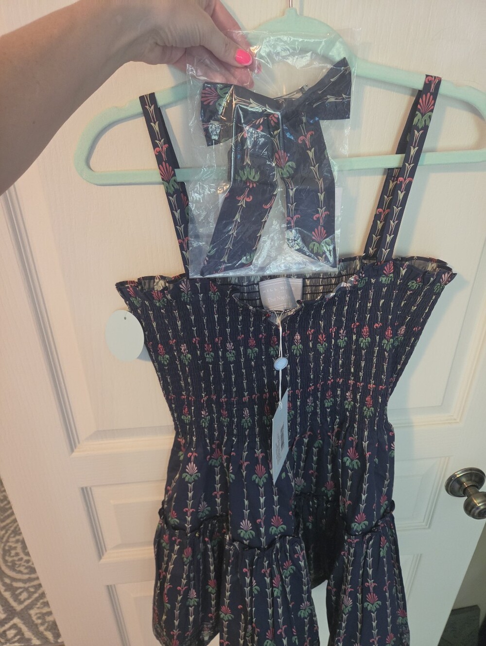 Hill House Navy Floral Mini Dress with Pink and Green Accents